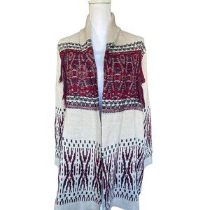 Style & Co Sweater Cardigan Women's Sz Small Open Front Tan Red Blue Fringe